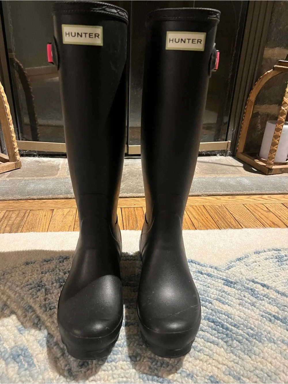 Hunter Black Tall Rain Boots with Pink Accent